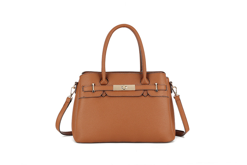 Long & Son Designer Inspired Multi Pocket Handbag With Gold Clasp Detail Tan