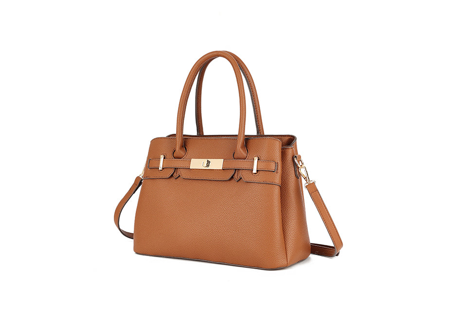 Long & Son Designer Inspired Multi Pocket Handbag With Gold Clasp Detail Tan
