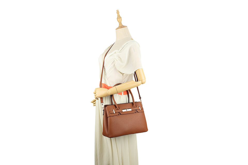 Long & Son Designer Inspired Multi Pocket Handbag With Gold Clasp Detail Tan